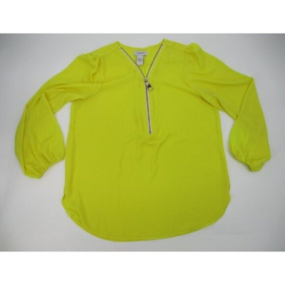Carmen Marc Valvo Womens Large Top Yellow Sheer 1/2 Zip Front Bright Colorful